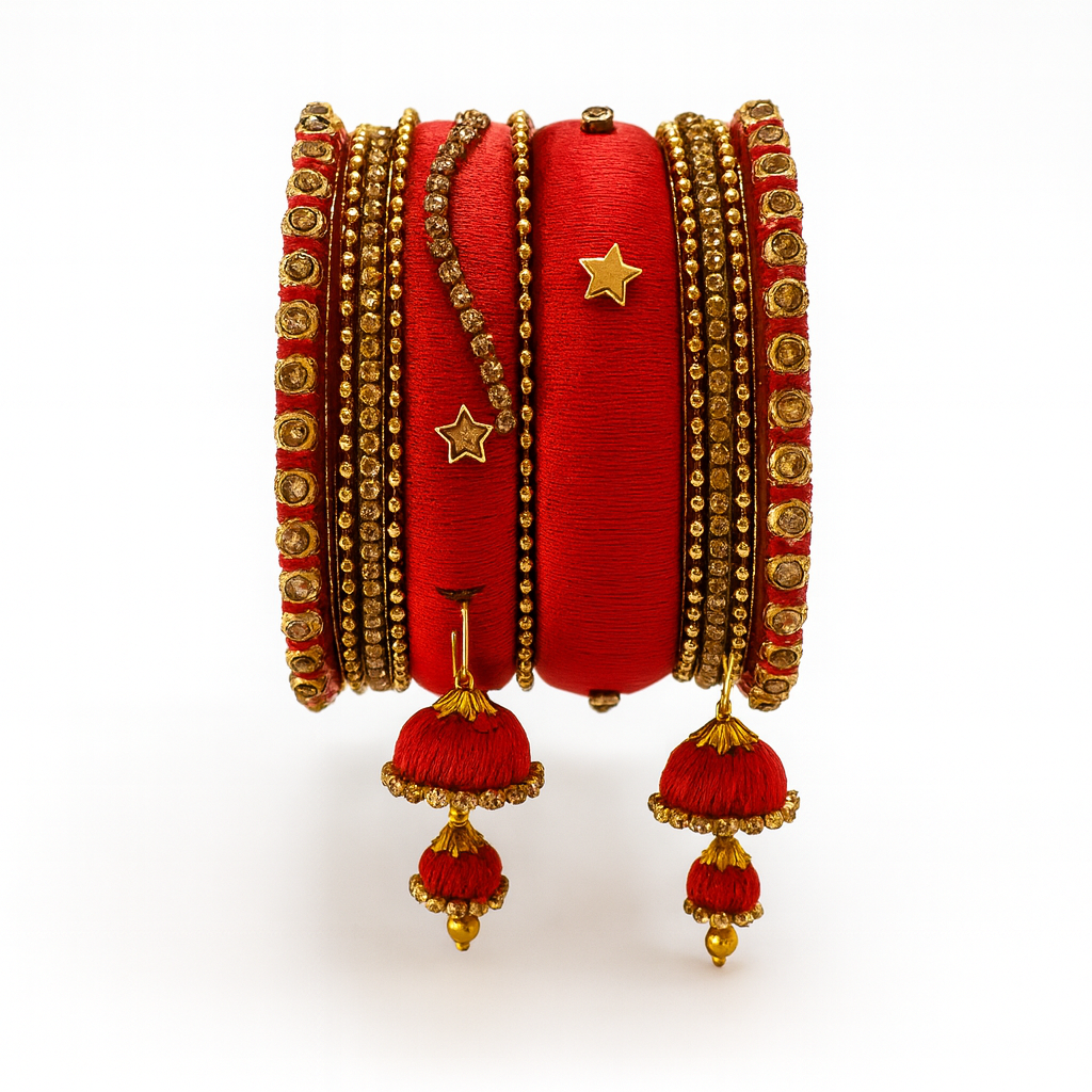 Handcrafted Red Silk Thread Bangle Set with Golden Stones & Jhumka Tassels