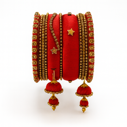 Handcrafted Red Silk Thread Bangle Set with Golden Stones & Jhumka Tassels