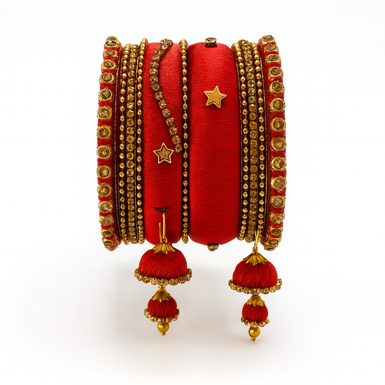Handcrafted Red Silk Thread Bangle Set with Golden Stones & Jhumka Tassels