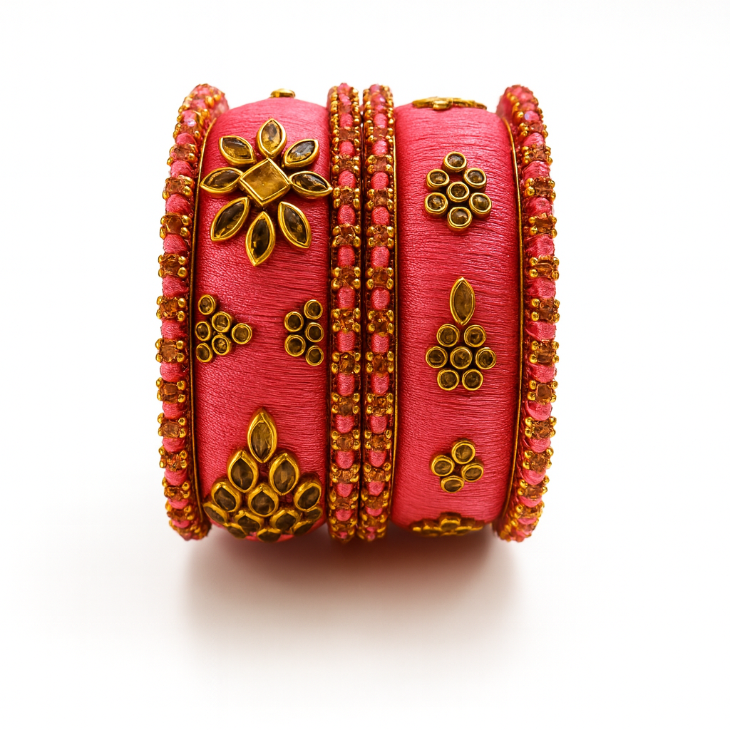 Handcrafted Pink Silk Thread Bangle Set with Golden Kundan Floral Work