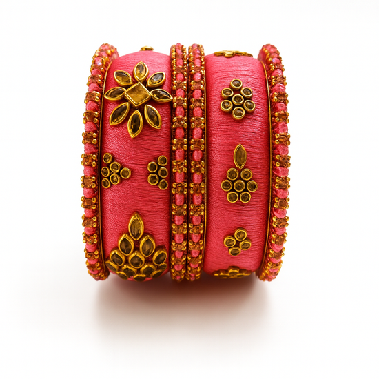 Handcrafted Pink Silk Thread Bangle Set with Golden Kundan Floral Work