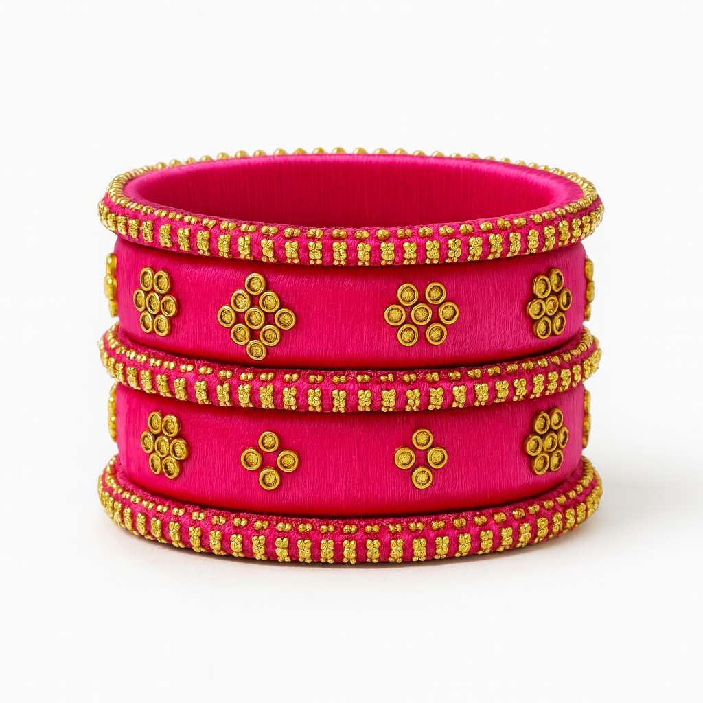 Handcrafted Pink Silk Thread Bangles with Golden Bead Detailing