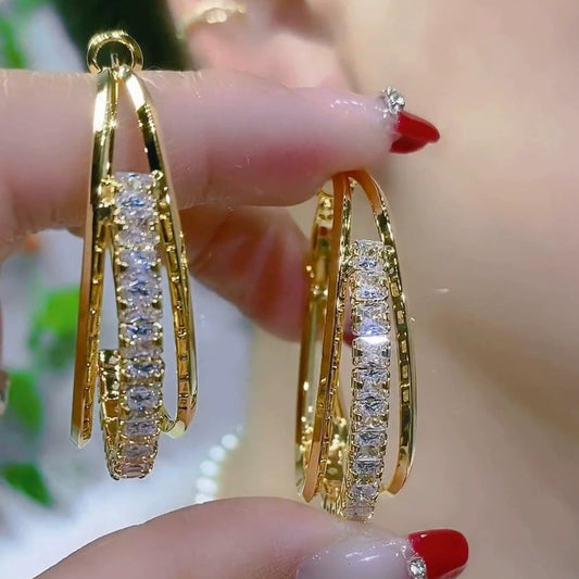 Luxury Multi-Layer Hoop Earrings – Gold with Sparkling Cubic Zirconia
