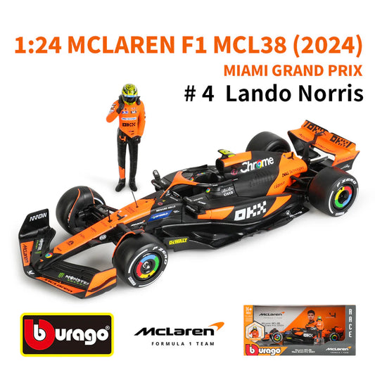 Bburago 1:24 McLaren MCL38 F1 Car (2024 Miami Grand Prix) – #4 Lando Norris with Driver Figure (Multicolor)