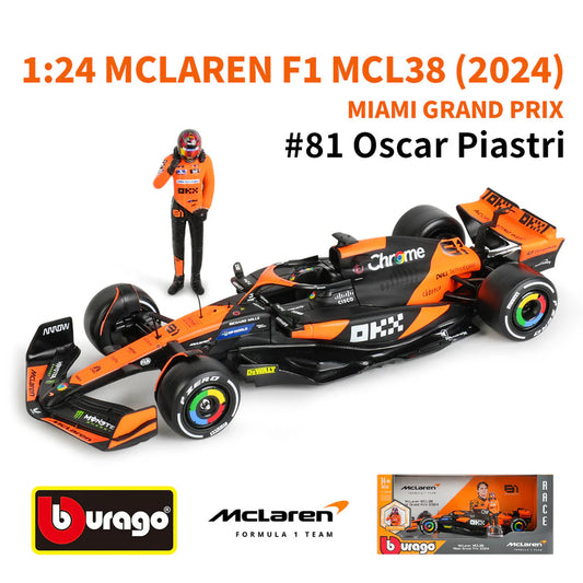 Bburago 1:24 McLaren MCL38 F1 Car (2024 Miami Grand Prix) – #81 Oscar Piastri with Driver Figure (Multicolor)