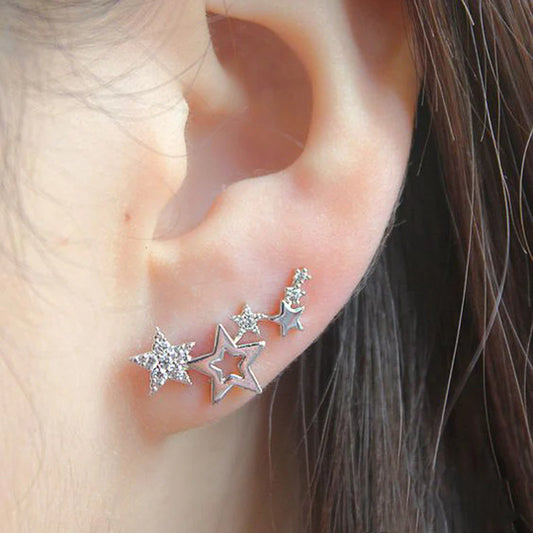 Silver Multi-Star Ear Climber Earrings – Sparkling Starry Night Design