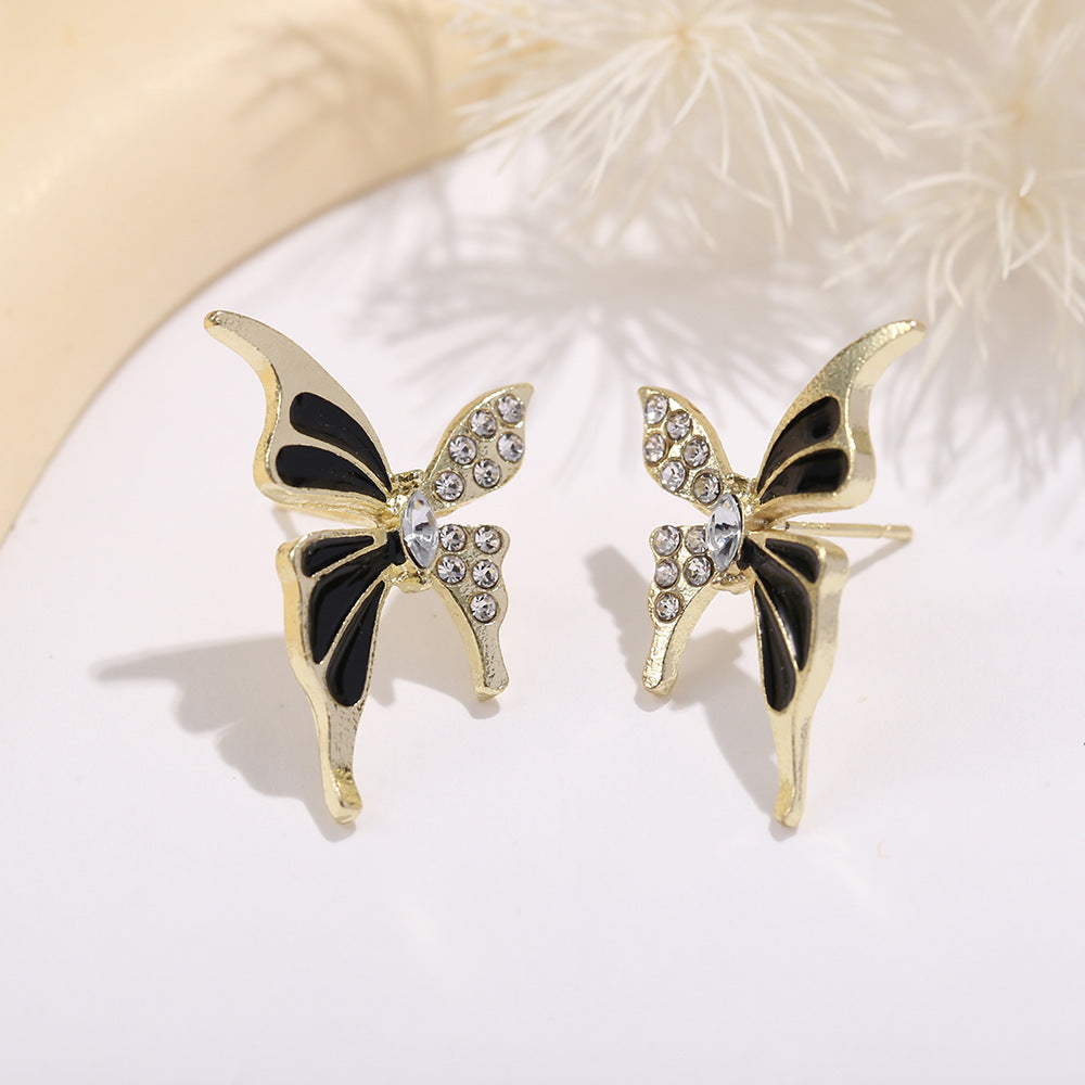 Elegant Butterfly Stud Earrings – Gold, Black & Crystal Accents