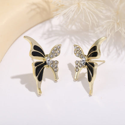 Elegant Butterfly Stud Earrings – Gold, Black & Crystal Accents