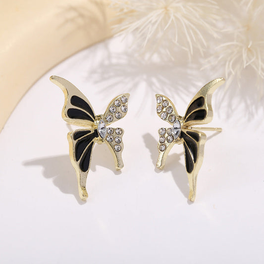 Elegant Butterfly Stud Earrings – Gold, Black & Crystal Accents