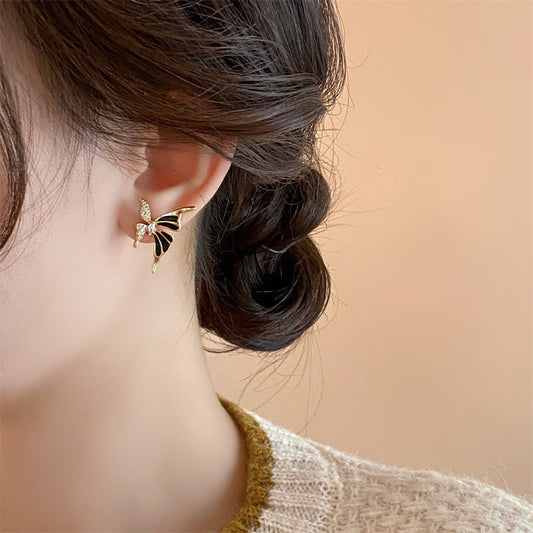 Elegant Butterfly Stud Earrings – Gold, Black & Crystal Accents