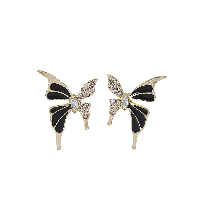Elegant Butterfly Stud Earrings – Gold, Black & Crystal Accents