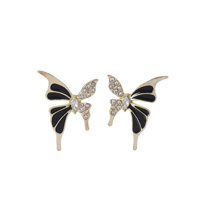 Elegant Butterfly Stud Earrings – Gold, Black & Crystal Accents