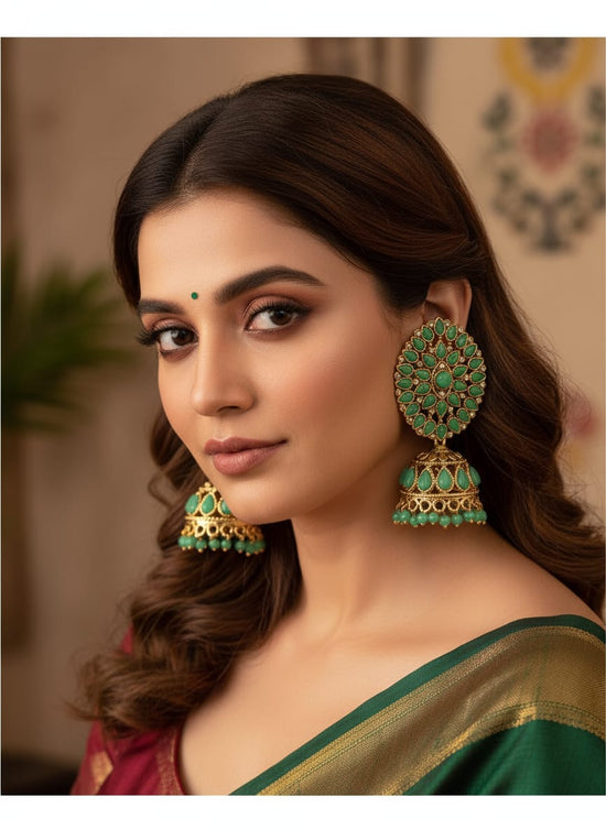 Royal Green Kundan Statement Jhumka Earrings with Gold Finish