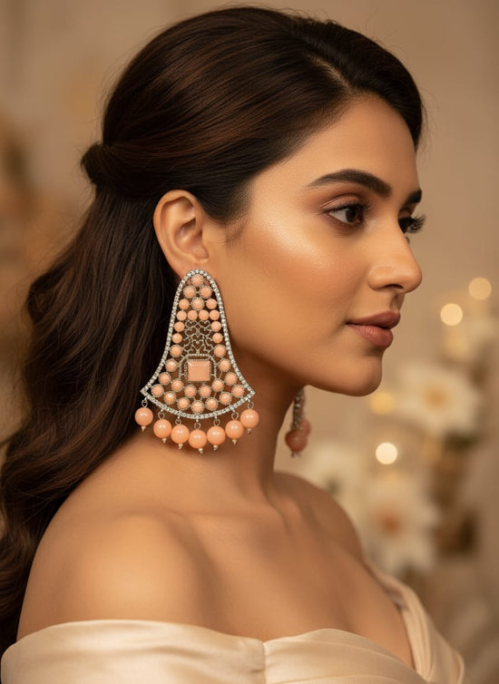 Elegant Peach Beaded Statement Earrings with Silver Crystal Detailing