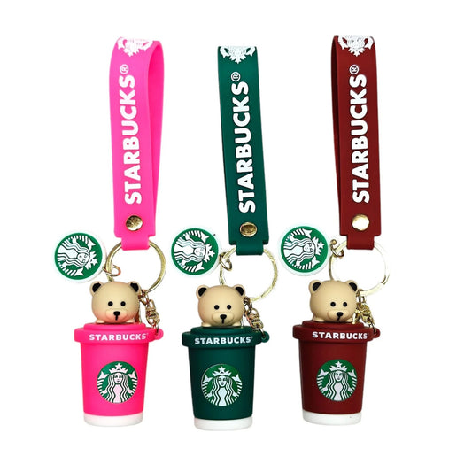 Product Description: Starbucks Style Bear Coffee Cup Keychain with Wrist Strap (Set of 3 / Assorted Colors)
