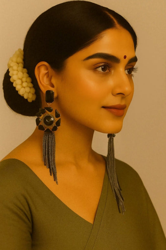 Elegant Black Crystal Tassel Earrings – Statement Ethnic Fusion Jewelry