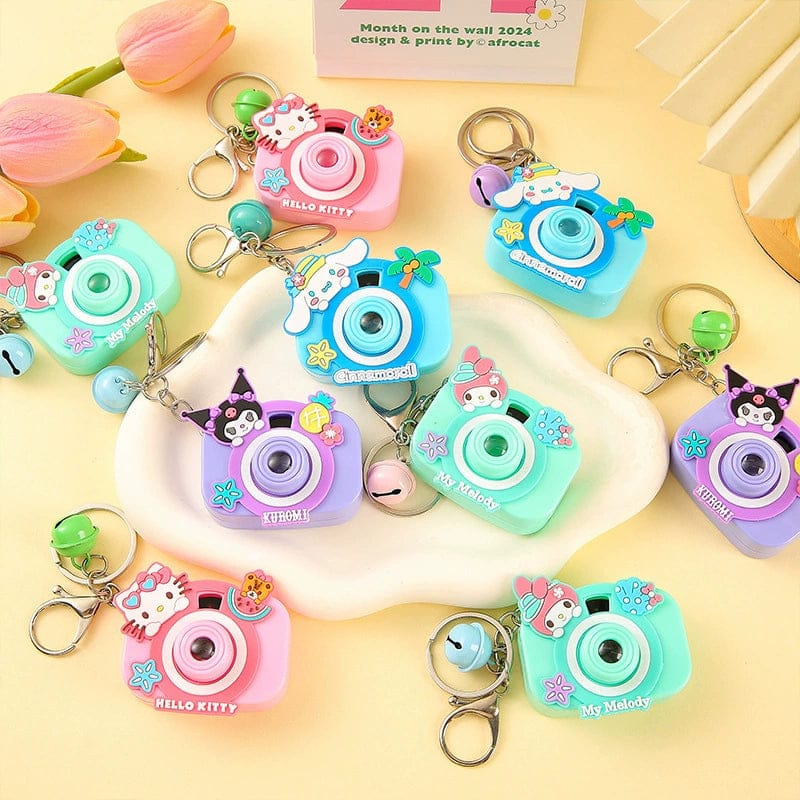 Cute Cartoon Camera Keychain with Bell – Hello Kitty, My Melody, Kuromi & Cinnamoroll Designs