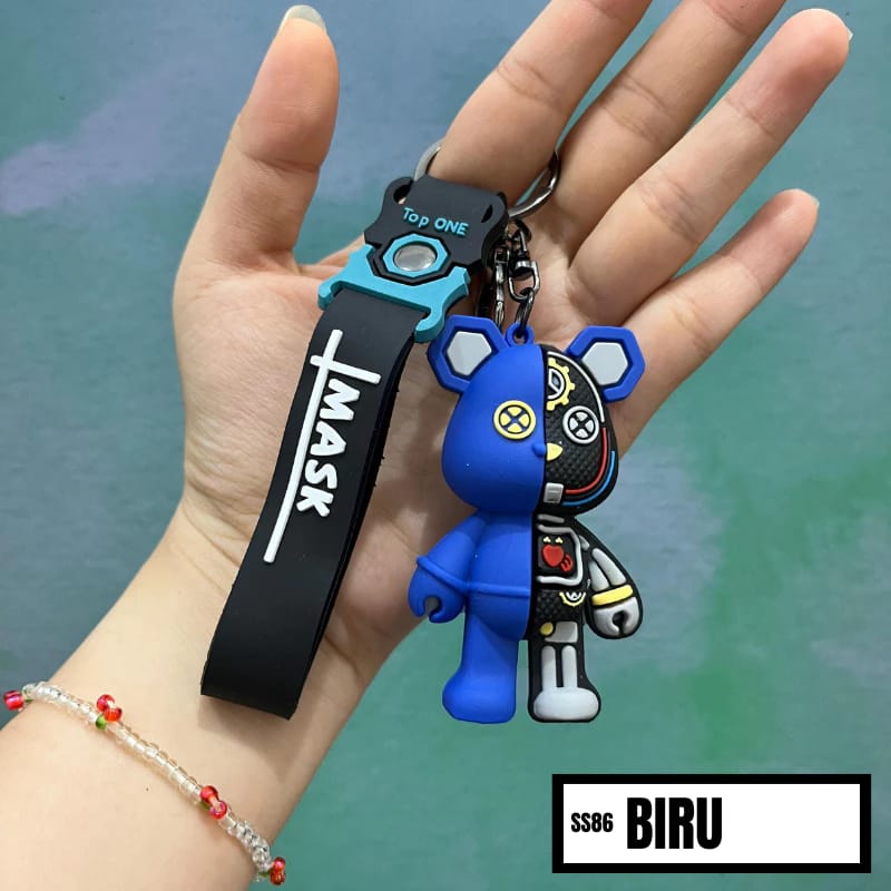 Half & Half Bear Keychain – Stylish Cartoon Robot Bear Design with Strap