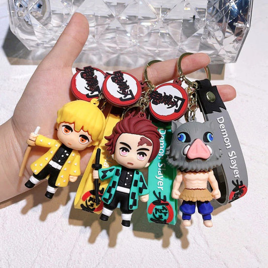 Demon Slayer Chibi Character Keychain Set of 3 – Anime Figure Key Ring for Bags & Keys.