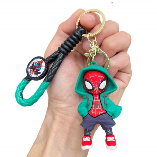 Green Hoodie Spider-Man Rubber Keychain – Superhero Collectible with Braided Strap