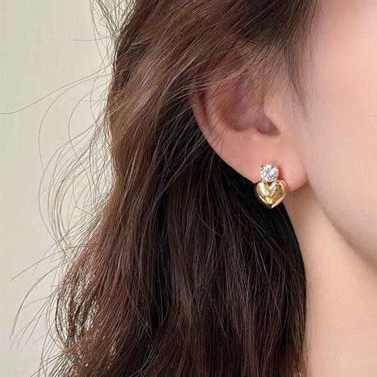 Gold Heart Stud Earrings with Zircon Stone – Elegant Jewellery for Women & Girls