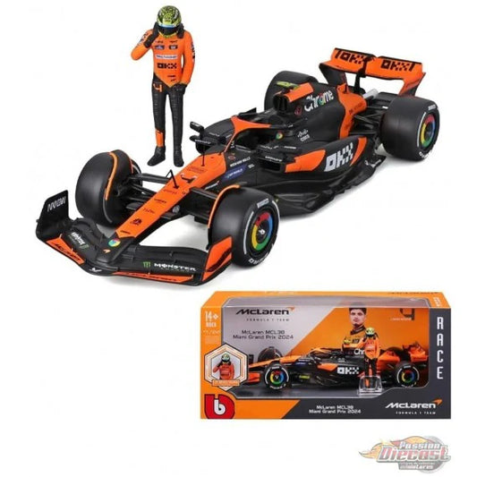 Bburago 1:24 McLaren MCL38 F1 Car – Miami Grand Prix 2024 (Lando Norris #4) with Driver Figure (Multicolor)